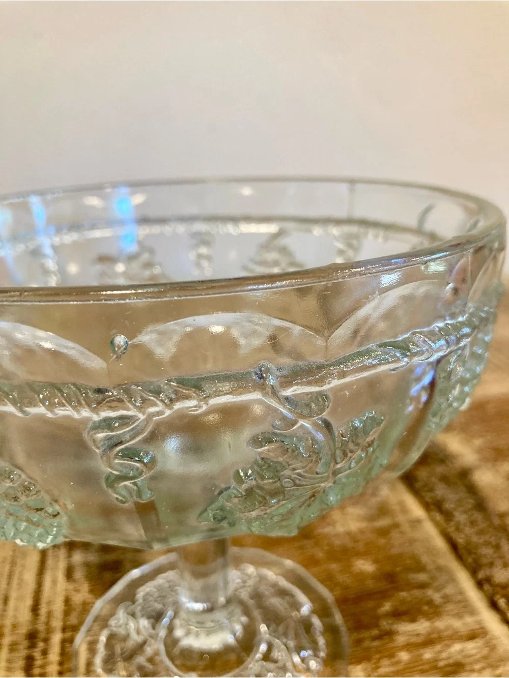 Clear Pressed Glass Compote Serving Bowl with Grape Motif 6” Tall